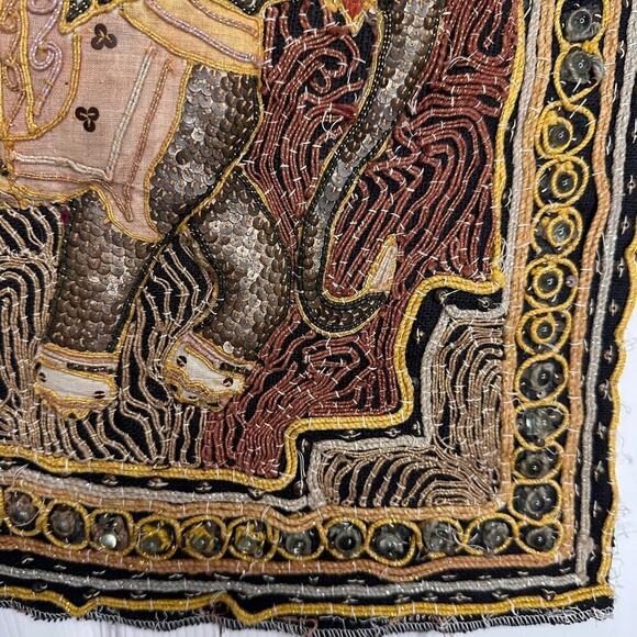Antique Burmese Kalaga Embroidered Hand Sewn Elephant Tapestry Flawed - Picture 8 of 12